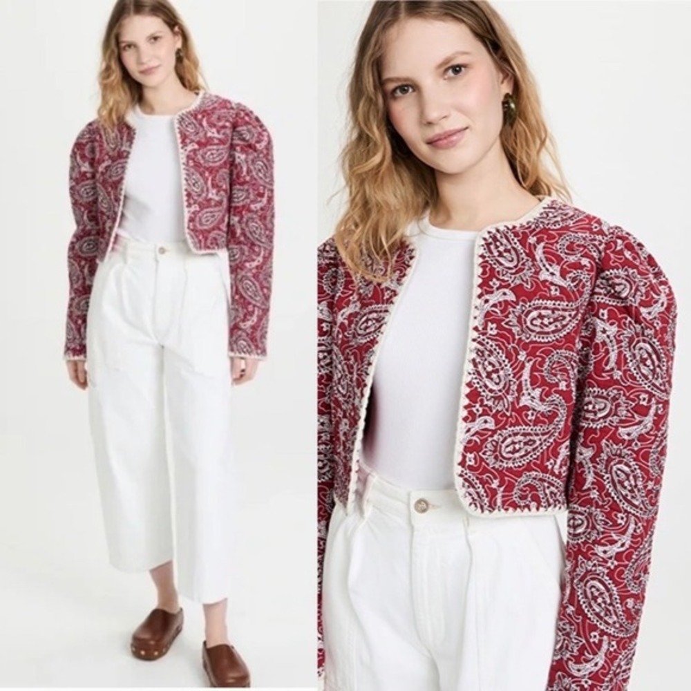Sea NY‎ Theodora Red Quilted Cropped Jacket Puff Shoulder Paisley